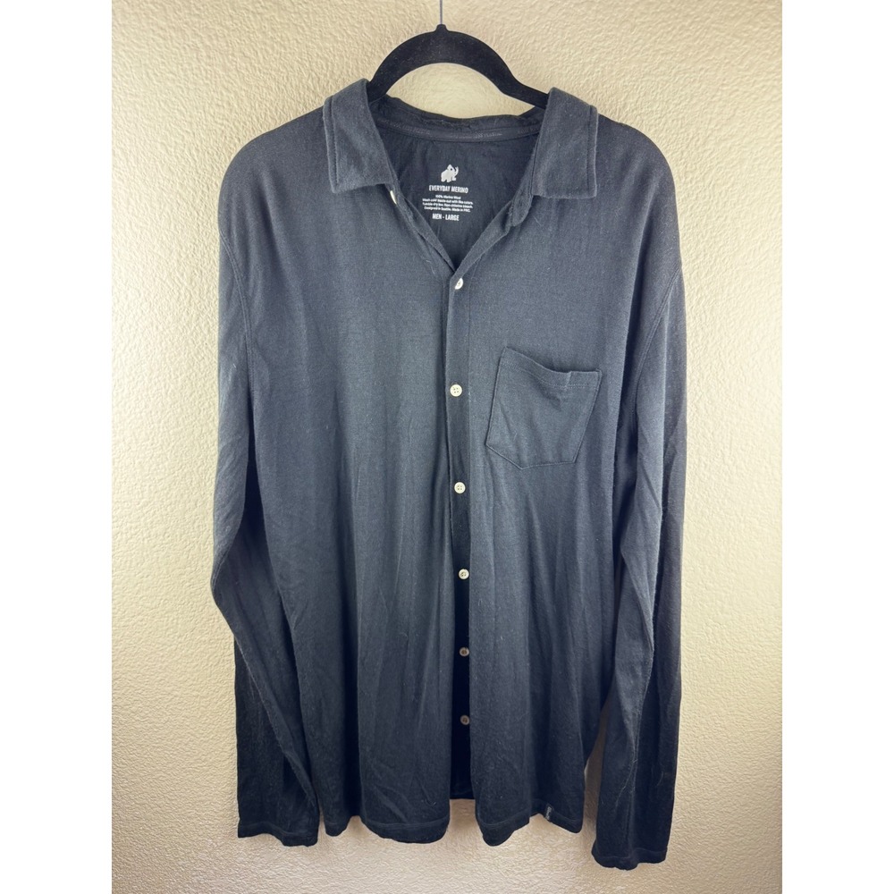 Woolly Everyday 100% Merino Button Up Shirt Mens L Black Long Sleeve Minimalist‎